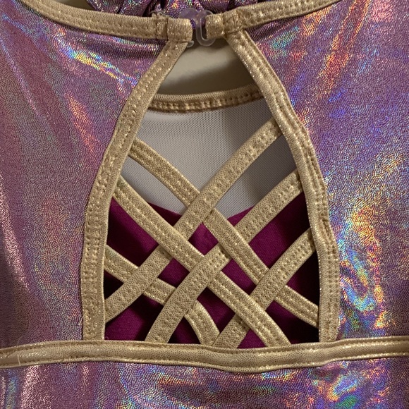 Justice NEW 12-14 1Shiny Pink Gold Bodysuit dance gym gymnastics with scrunchie - Picture 9 of 10
